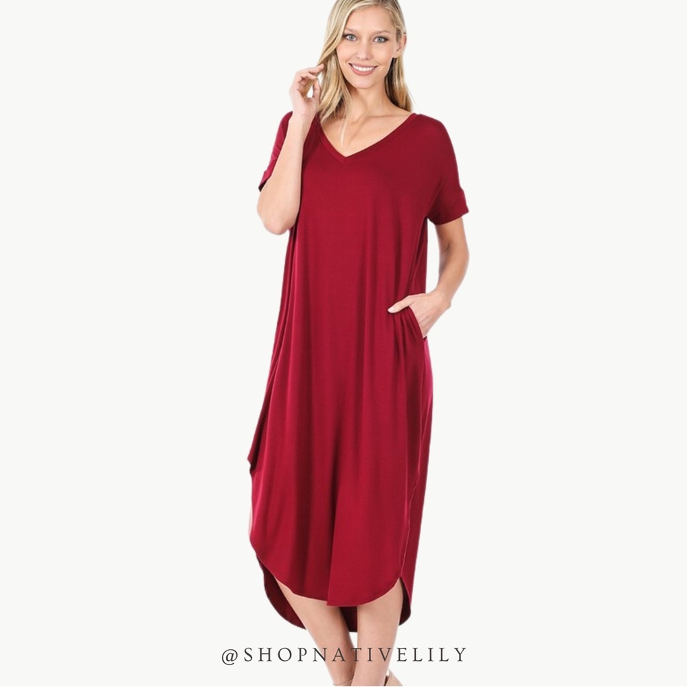 NWT Zenana Viscose V-Neck Short Sleeve Midi Dress With Pockets, Cabernet